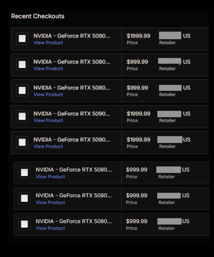 Proof of scalper bot checkouts of Nvidia's 5090 GPU